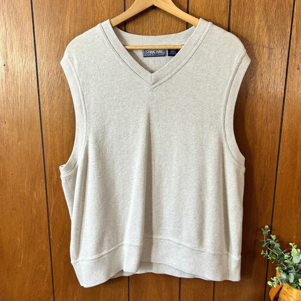 STRUCTURE Mens XL V Neck Sweater Vest Beige Cotton Classic Fit Casual‎